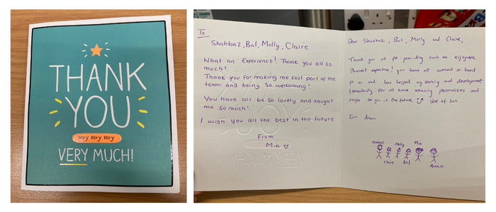 Picture of the front and the inside of a 'thank you' card from Aman and Mia. This card thanks the team for their experiences on the Pulmonary Rehabilitation placement.