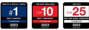 Images of the awards from Best Company Awards 2023 - #1 Best Health and Social Care Company, Top 10 in the East Midlands and Top 25 Best Mid-sized company in the UK